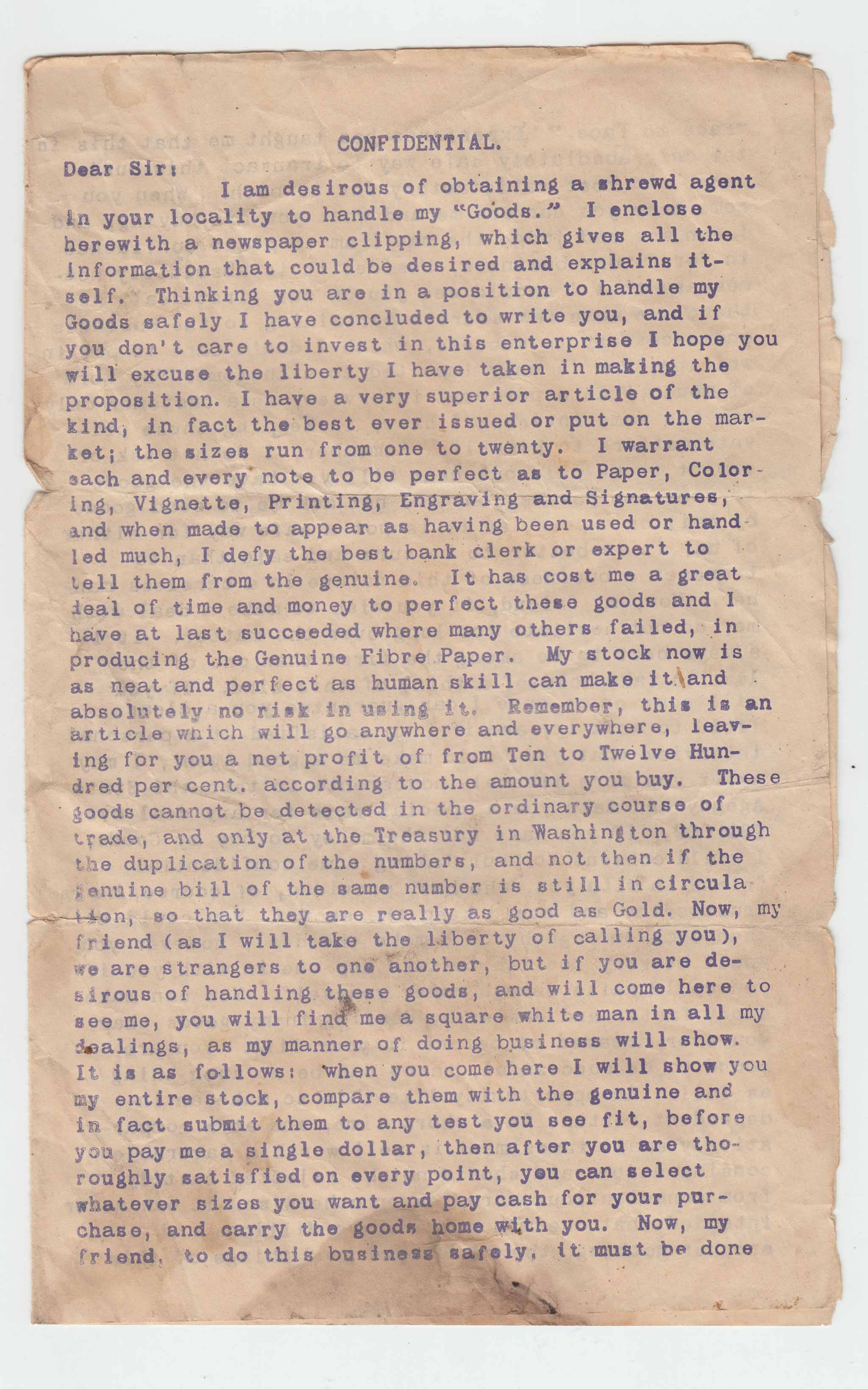 HBC006, 1890? Letter, Confidential Offering Counterfeit Bills